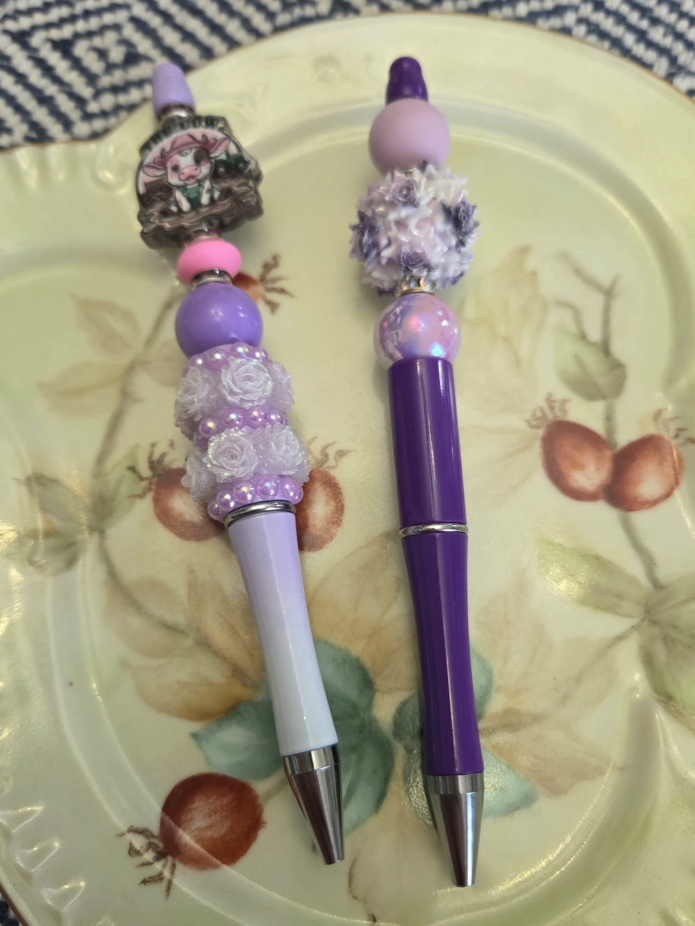 Purple & Lavender Decorative Cow And Flower Pens - Cute Beaded Design